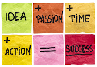 success formula with idea, passion, time and action ingredients - a set of isolated crumpled sticky