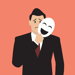 fake businessman holding a smile mask